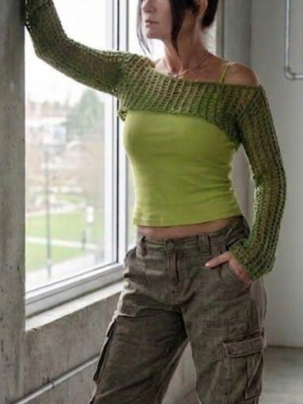 Green Net Shrug - Green Openwork Long Sleeve Cover-Up